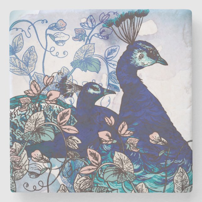 Floral Background with Peacocks Stone Coaster (Front)