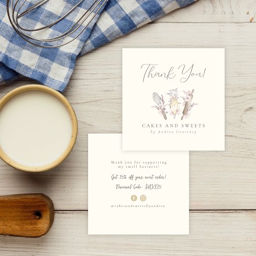 Floral Bakery Pastry Chef Baking Utensil Thank you Square Business Card