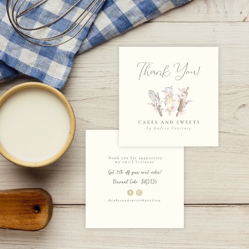 Customizable Floral Bakery Pastry Chef Baking Utensil Thank you Square Business Card