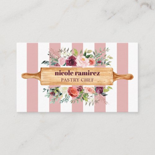 Floral Bakery Patisserie stripe burgundy Business Card