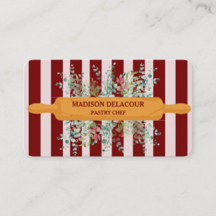 Floral Bakery Patisserie stripe burgundy QR CODE Business Card
