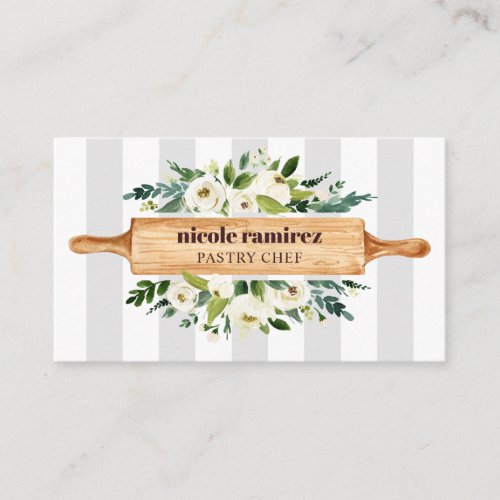 Floral Bakery Rolling Pin Cake Design striped gray Business Card