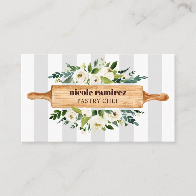 Floral Bakery Rolling Pin Cake Design striped gray Business Card (Front)