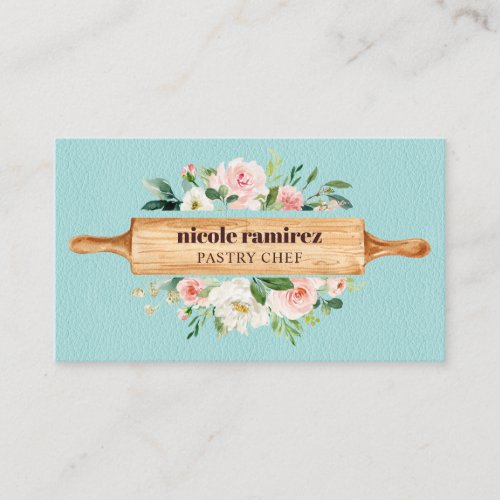 Floral Bakery Rolling Pin Dessert Blue Leather Business Card