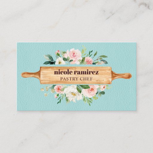 Customizable Floral Bakery Rolling Pin Dessert Blue Leather Business Card