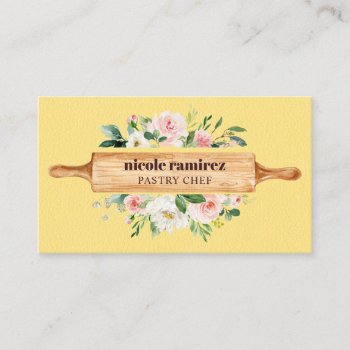 Floral Bakery Rolling Pin Dessert Yellow Leather Business Card by Citronellapaper at Zazzle