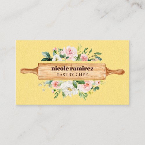 Floral Bakery Rolling Pin Dessert Yellow Leather Business Card