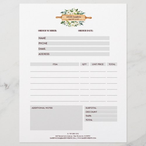 Floral Bakery Rolling Pin  Gray  Order Form Flyer
