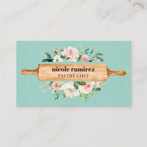 Floral Bakery Rolling Pin Patisserie Mint Leather Business Card