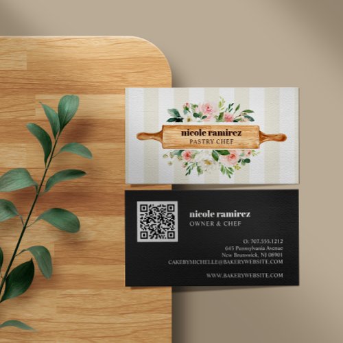 Floral Bakery Rolling Pin Patisserie QR CODE Busin Business Card