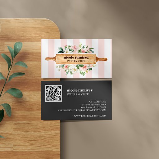 Customizable Floral Bakery Rolling Pin Patisserie QR CODE Business Card