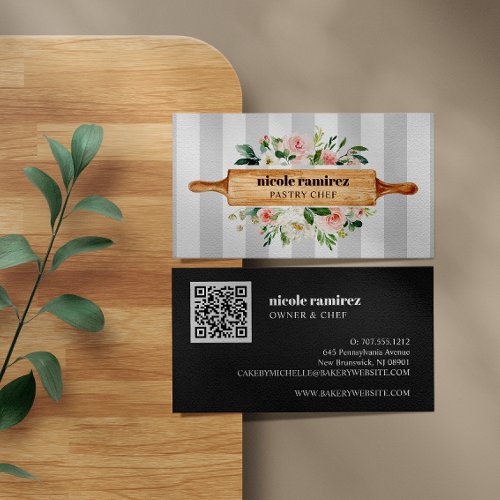 Floral Bakery Rolling Pin Patisserie QR CODE  Business Card