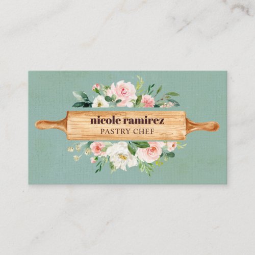 Floral Bakery Rolling Pin Patisserie sea green Business Card