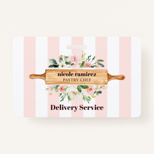 Floral Bakery Rolling Pin Patisserie striped Badge (Front)