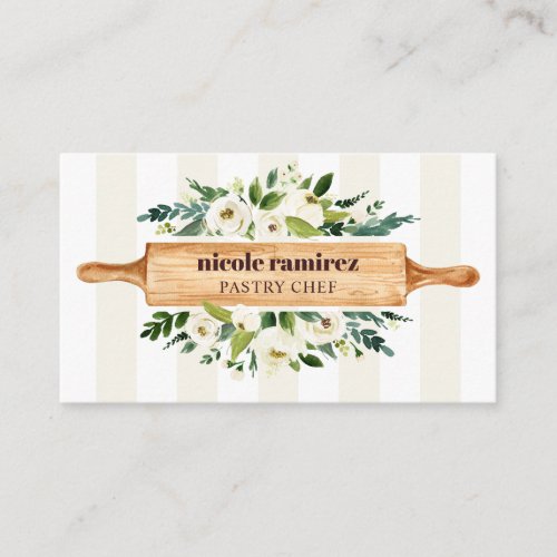 Floral Bakery Rolling Pin Patisserie striped beige Business Card