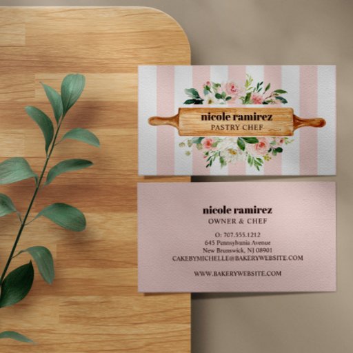 Customizable Floral Bakery Rolling Pin Patisserie striped Business Card
