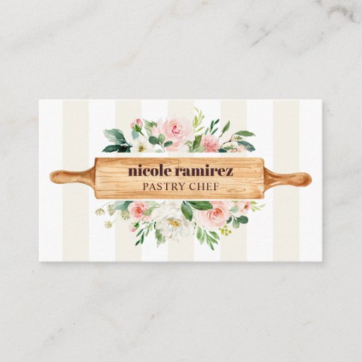 Customizable Floral Bakery Rolling Pin Patisserie striped Business Card