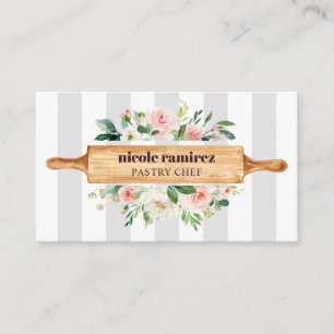 Floral Bakery Rolling Pin Patisserie striped gray Business Card