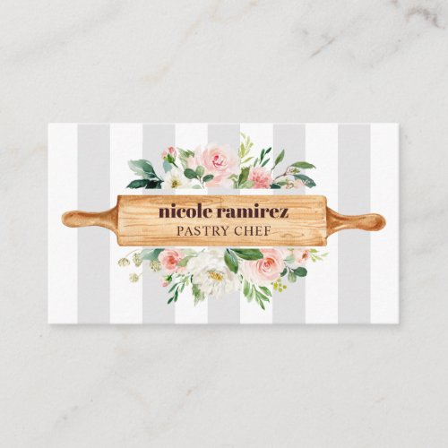 Floral Bakery Rolling Pin Patisserie striped gray Business Card