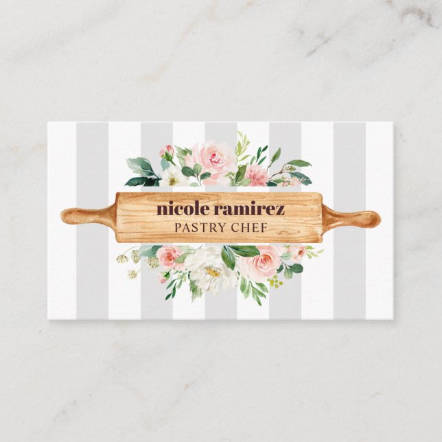 Floral Bakery Rolling Pin Patisserie striped gray Business Card (Front)