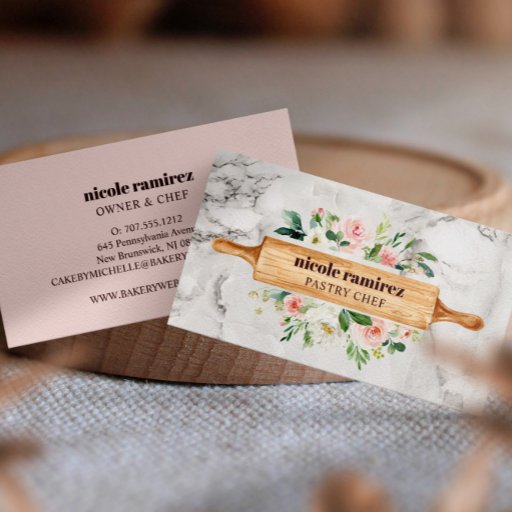 Customizable Floral Bakery Rolling Pin Patisserie white marble Business Card