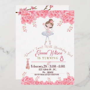 Floral Ballerina Birthday Invitation For Girls  Foil Invitation