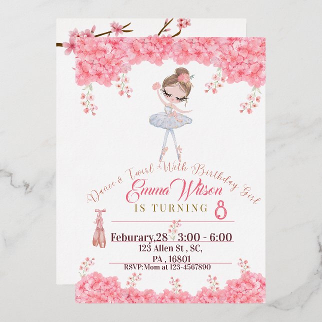 Floral Ballerina Birthday Invitation For Girls  Foil Invitation (Front/Back)