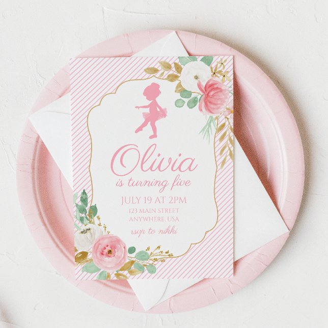 Floral Ballerina Birthday Invitation Stripes (Creator Uploaded)