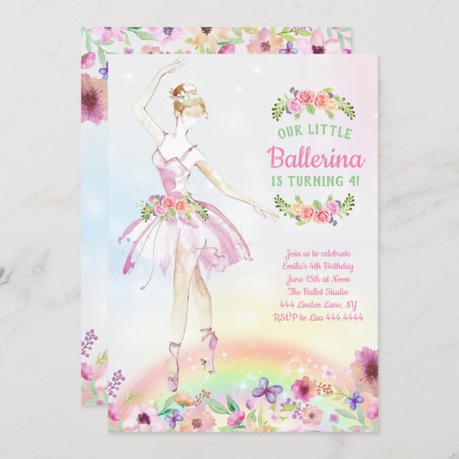 Floral Ballerina Birthday Party Invitations (Front/Back)