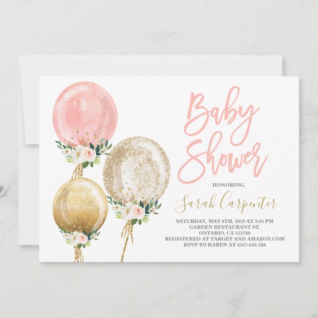 Floral balloon baby shower girl invitation (Front)