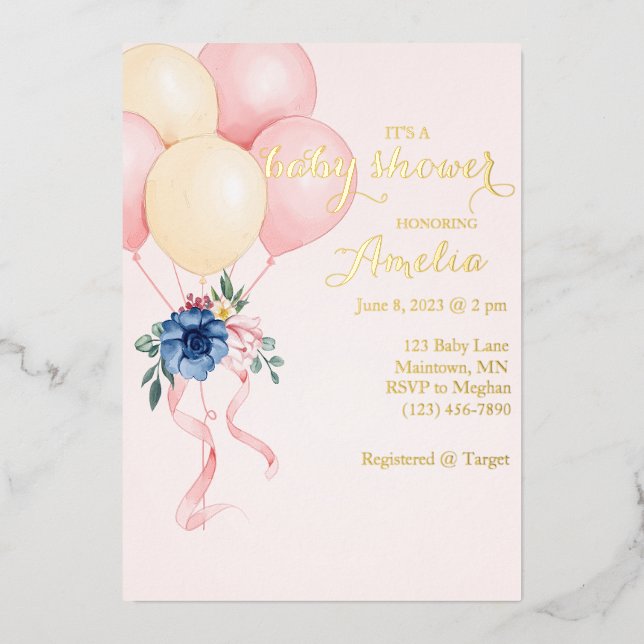 Floral Balloon Baby Shower Invitation Foil Invitation (Front)