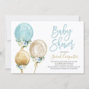 Floral balloon blue and gold baby shower boy invit invitation