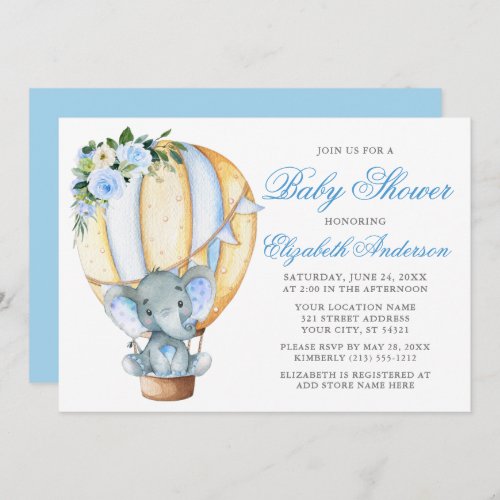 Floral Balloon Blue Elephant Baby Shower Invitation