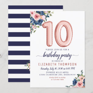 Floral Balloon Blush Rose Gold Navy Tenth Birthday Invitation
