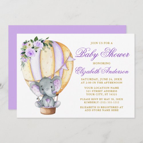 Floral Balloon Elephant Baby Shower Purple Invitation