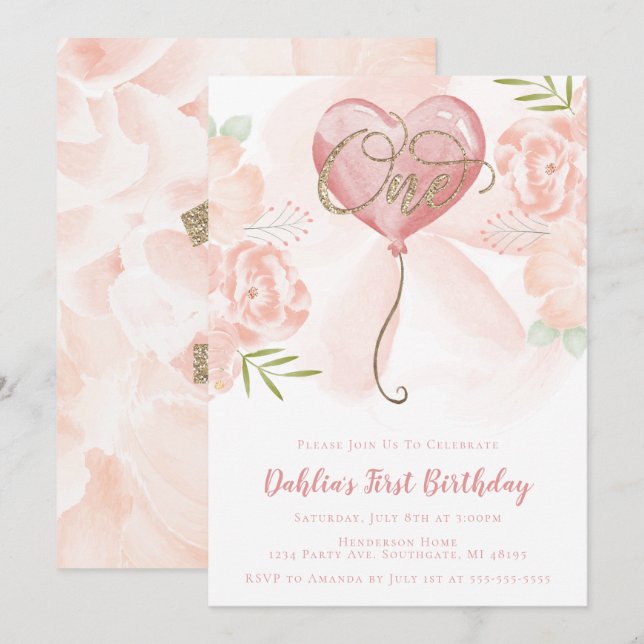 Floral Balloon First Birthday Invitation (Front/Back)