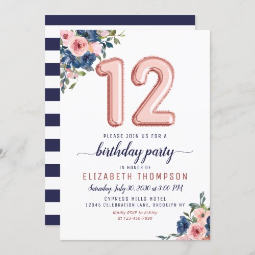 Floral Balloon Rose Gold Blush Navy 12th Birthday Invitation