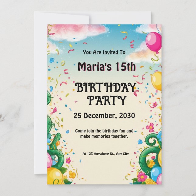 Floral Balloona Personalized Birthday Invitation (Front)