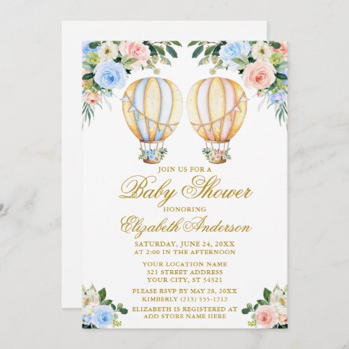 Floral Balloons Boy Girl Twins Baby Shower Invitation