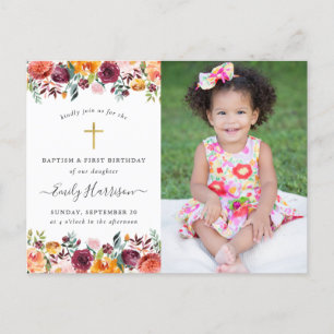 Floral Baptism 1st Birthday Photo Invitation Postcard