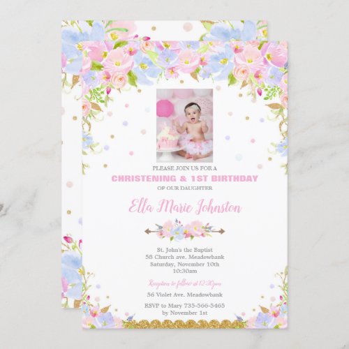 Floral Baptism and 1st Birthday Party Invitation