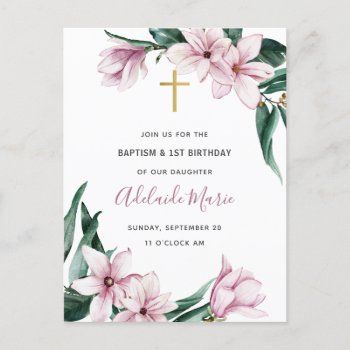 Floral Baptism And First Birthday Invitation Postcard by dulceevents at Zazzle