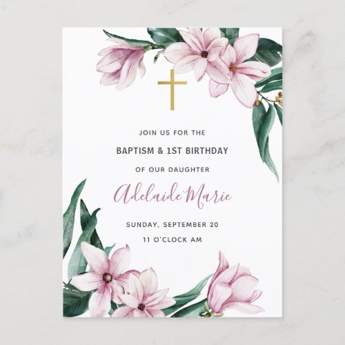 Floral Baptism and First Birthday Invitation Postcard