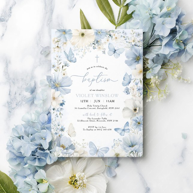Floral Baptism Christening Blue Butterfly Boy Invitation (Blue and White Floral Baptism Invitation with light blue flowers and butterflies )