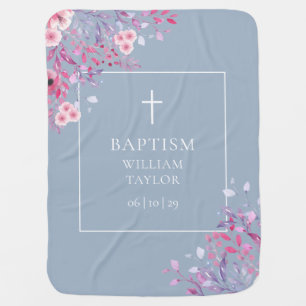 Floral Baptism Christening Dusty Blue Baby Blanket