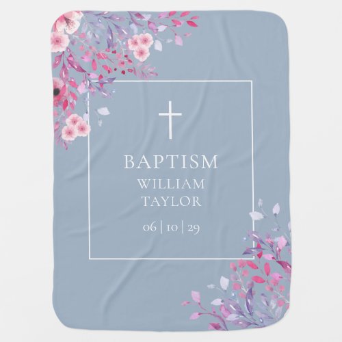 Floral Baptism Christening Dusty Blue Baby Blanket