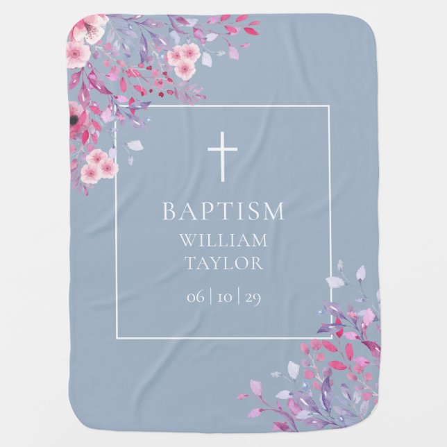 Floral Baptism Christening Dusty Blue Baby Blanket (Front)