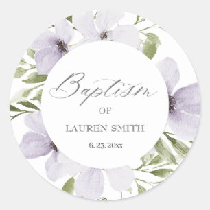 Floral Baptism Christening Elegant Purple Classic Round Sticker