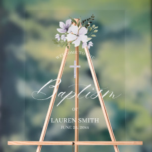 Floral Baptism Christening Elegant Script Acrylic Sign