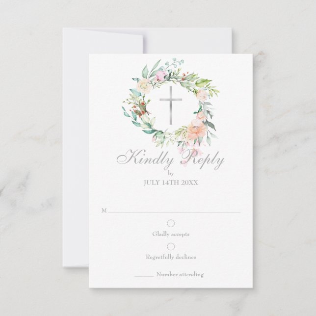 Floral Baptism Christening First Holy Communion RSVP Card (Front)
